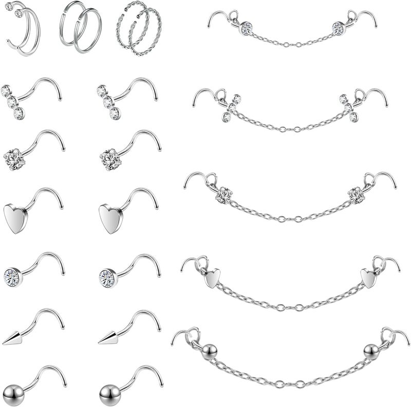 AccGin Store 20G Nose Rings Studs with Chain Piercing Across Double Nose Stud Nose Hoop Spike Heart Ball CZ Surgical Steel Nostril Piercing Jewelry for Women Men, Black Silver Gold - Image 1